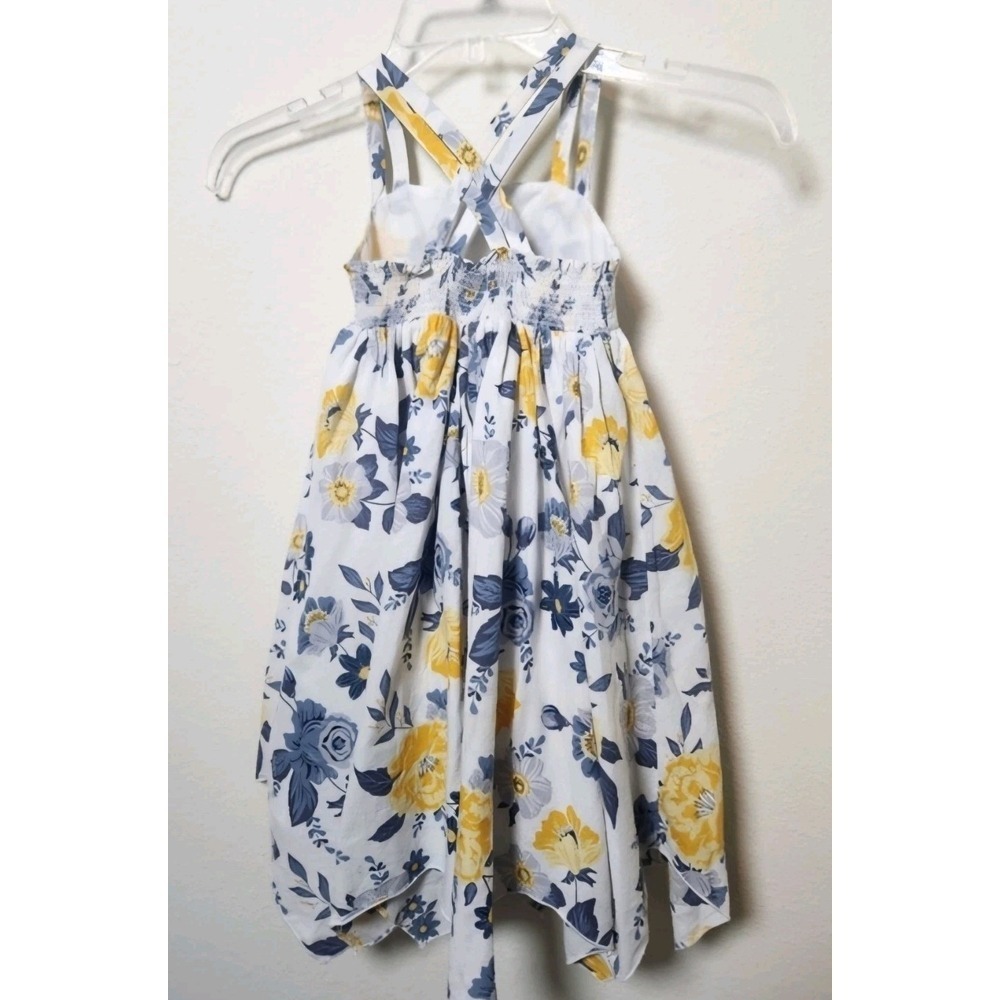Joie White Blue Yellow‎ Floral Girls Sun Dress 4T Smocked Lined Handkerchief Hem - Picture 2 of 7